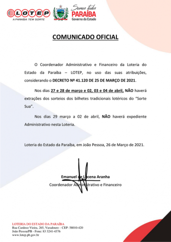 COMUNICADO OFICIAL - DECRETO Nº 41.120 DE 25 DE MARÇO DE 2021